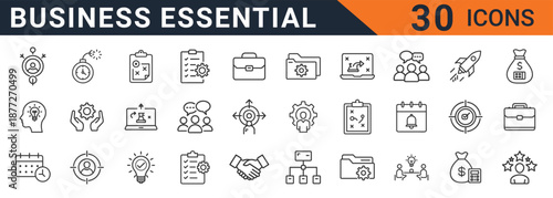 A comprehensive collection of thirty essential business concept vector icons illustrating strategy, planning, finance, goal achievement, and professional development themes.