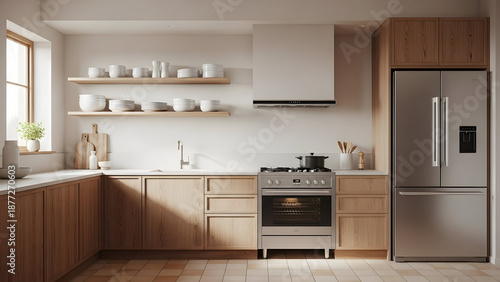 Modern kitchen with wooden cabinets and stainless steel appliances
