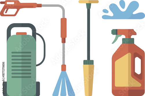 Cleaning equipment and supplies arranged neatly on a white background for household chores.