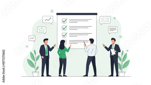 Teamwork and Planning: Business People Completing a Checklist on a Whiteboard