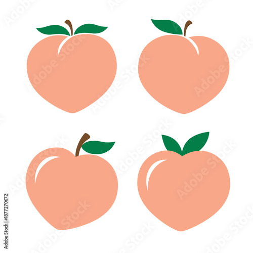 Cute peach with leaves vector illustration featuring a minimal peach graphic. Includes four simple peach variations with clean, flat shapes.