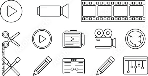 Video editing icons set, play button symbols, camera recorder tools, film strip frames, cut scissors, timeline interface, vector outline