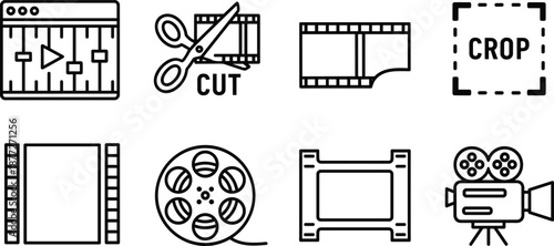 Video editing icons set, scissors cut tool, crop frame symbol, film strip reel, media player timeline, cinema camera, vector outline