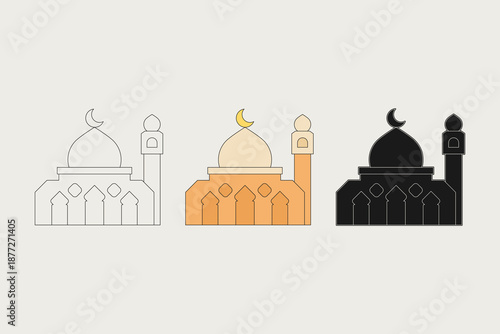 Mosque illustration with three different styles. A mosque in soft cream and orange colors. vector illustration.