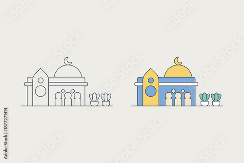 Mosque illustration with two different styles. A mosque with a basic rectangular shape. Minimalist. vector illustration.