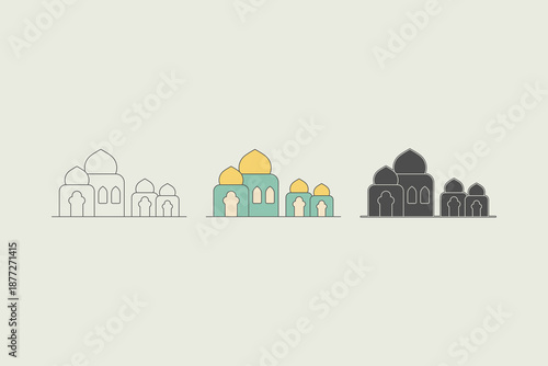 Mosque illustration with three different styles. A green mosque with a yellow dome. Ramadan theme. vector illustration.