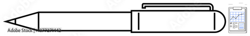 Writing tools, productivity, business analysis, organization, documentation, and data illustration. Line drawing of a pen and chart with a graph. Writing tools and productivity concepts