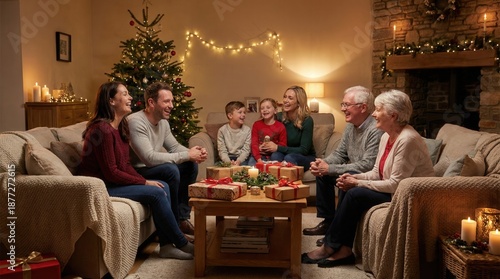 Family celebrating a festive moment indoors with warm lighting