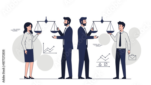 Businessmen and women balancing scales, illustrating fairness and equality in finance