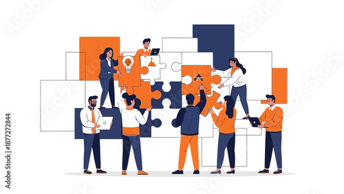 Teamwork and Collaboration: People assembling puzzle pieces for a project