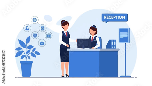 Hotel Receptionist assisting guest at counter with service icons