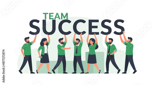 Diverse Team Holding Up "TEAM SUCCESS" Text for Business Achievement and Goal Accomplishment