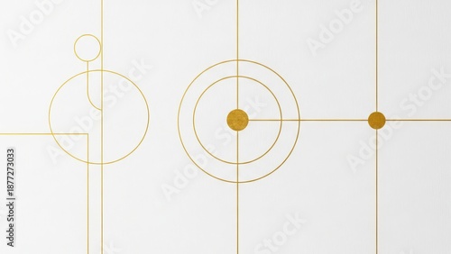 Geometric shapes aligned on grid lines with concentric circles and dots in a minimalist design
