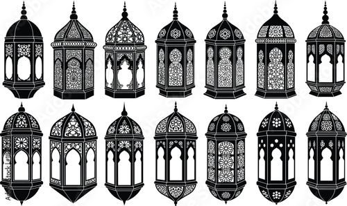 Arabic lantern silhouettes set, ornamental Ramadan lamp outlines for Islamic holidays, traditional fanoos vector collection for Eid Mubarak decor and middle eastern designs