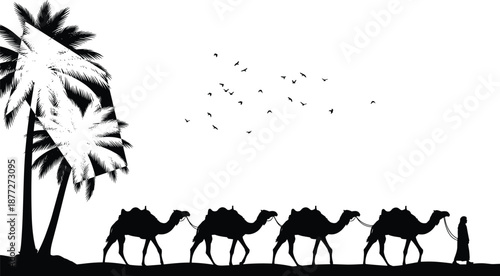 Desert camel caravan silhouette, bedouin leader walking with camels under palm trees and birds, middle eastern landscape vector for travel and culture posters