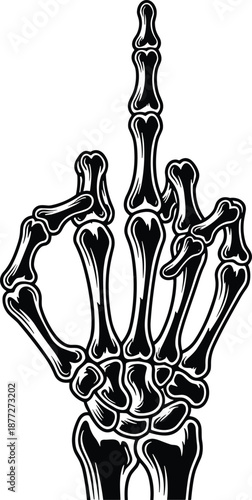Skeleton hand showing middle finger gesture, black and white anatomical bone illustration, rebellious gothic vector art for rock music and halloween designs