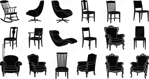 Vintage chair silhouettes set, various armchair and furniture outlines for home interior design, classic seating vector collection for decor and architectural plans
