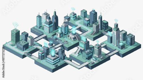 Isometric cityscape with modern skyscrapers and infrastructure.