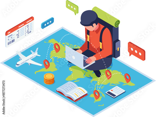 Isometric Traveler Planning Trip with Laptop on World Map