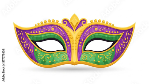 Vibrant mardi gras mask with purple green and gold decorations
