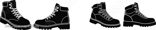 Set of stylish black boots with white laces