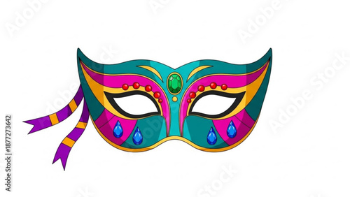 Vibrant mardi gras mask with colorful ribbons and gemstones