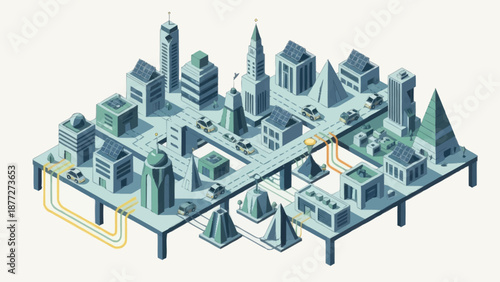 Isometric cityscape with futuristic skyscrapers and infrastructure.