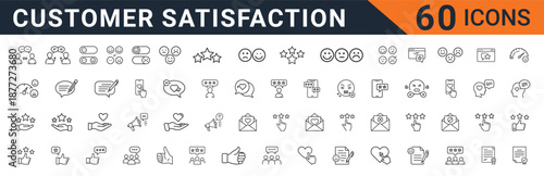 Comprehensive collection of sixty minimalist line art vector icons detailing customer satisfaction surveys feedback ratings and user experience metrics.