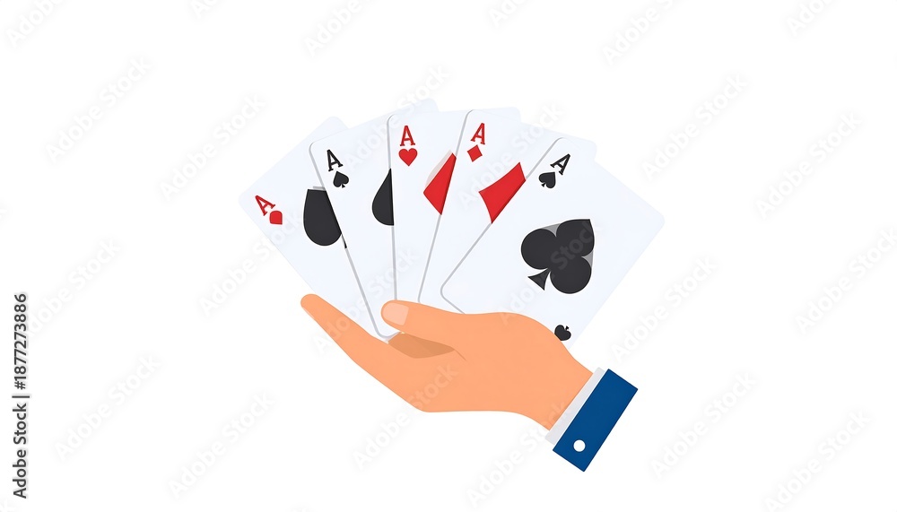 Obraz premium A flat illustration of a hand holding five playing cards, all featuring the Ace symbol with different suits clubs, spades, diamonds, hearts