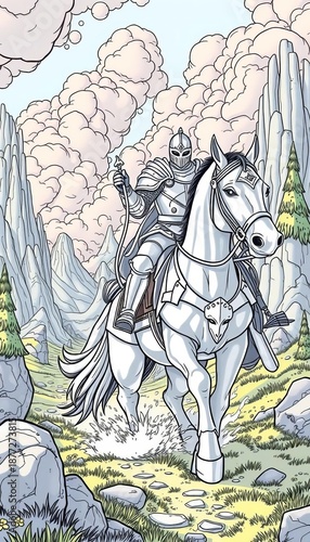 A majestic knight in shining armor rides a powerful steed through a fantastical landscape, perfect for coloring,  illustration,  horse