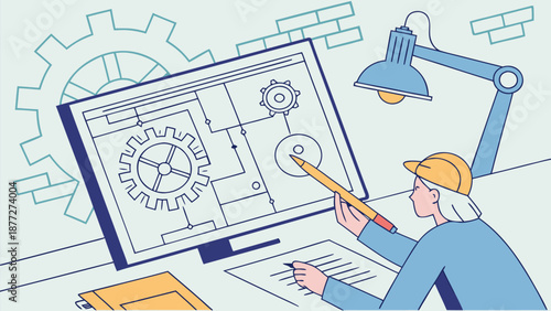 Engineer designing mechanical blueprint on computer screen with pencil