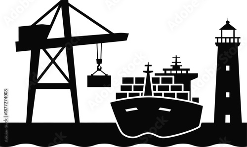 Cargo Ship and Port Crane Industrial Harbor Silhouette