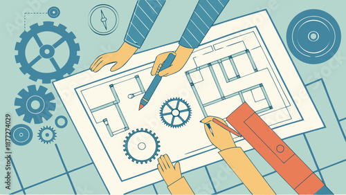 Engineers designing blueprints with technical drawings and tools