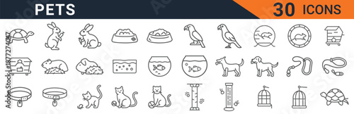 Collection of thirty distinct, clean outline vector icons representing various household animals, supplies, food bowls, and specialized accessories for comprehensive pet care.