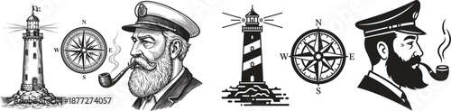 Vintage nautical icons with sailors and lighthouses