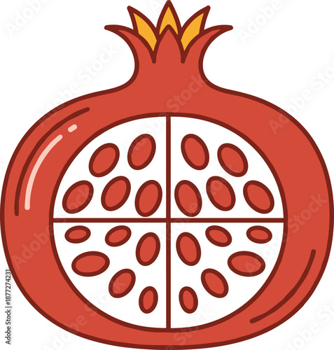 Pomegranate fruit cutaway illustration showing seeds inside representing healthy food, organic nutrition concept, and flat vector design