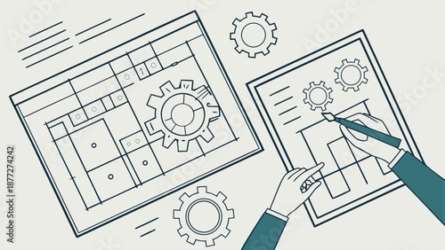 Engineer designing blueprints with pencil and tablet in modern workspace