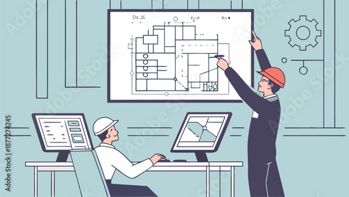 Engineers collaborating on architectural project with blueprints and computers