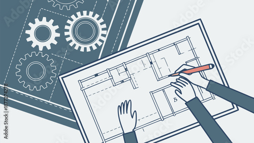 Architect designing modern building layout with blueprint and gears