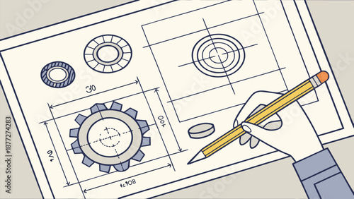 Hand drawing technical blueprint with gear designs and pencil