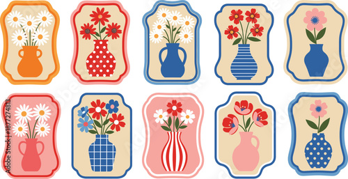 Colorful floral vase sticker set with decorative frames featuring flowers arrangements for home decor, crafts, and flat vector illustrations