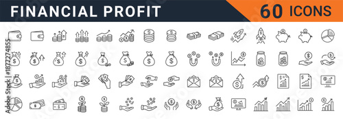 Comprehensive vector graphic illustration set featuring sixty distinct line icons dedicated to financial profit concepts like money growth investment savings and banking