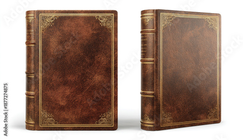 Elegant vintage leather book cover design featuring ornate gold trim and a classic, textured brown finish, presented in two different perspectives.
