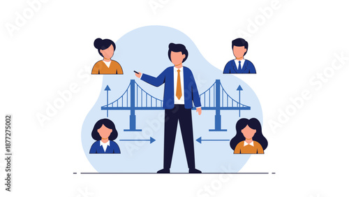 Teamwork and Collaboration Concept: Leader Connecting People Across Bridge