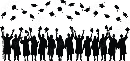 Silhouette of graduates celebrating with raised hands and flying caps, symbolizing academic achievement, success, and joyful completion of educational milestones and graduation ceremonies