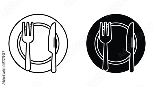 Simple plate with fork and knife icon set