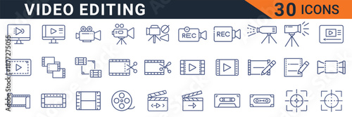 Thirty comprehensive vector line icons representing various aspects of modern digital video creation, production, and editing workflow processes on white background