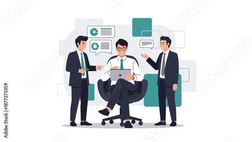 Business Meeting: Colleagues Discussing Strategy with Laptop and Charts