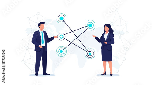 Business professionals collaborating on global network connections and data flow