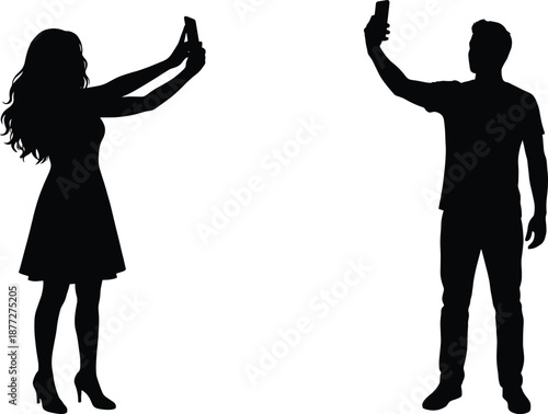 Silhouette of two people taking selfies with smartphones, representing modern digital lifestyle, personal expression, and social media culture in contemporary visual design themes